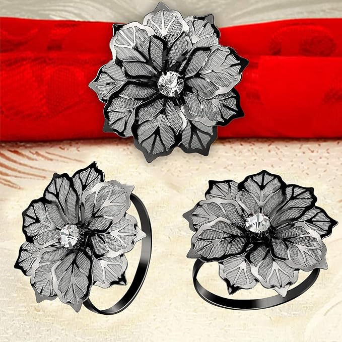 KPOSIYA Flower Napkin Rings Holder Metal Black Napkin Rings Set of 12 for Wedding Party Holiday Banquet Christmas Dinner Delicate Serviette Buckles Decor Favor (12, Black)