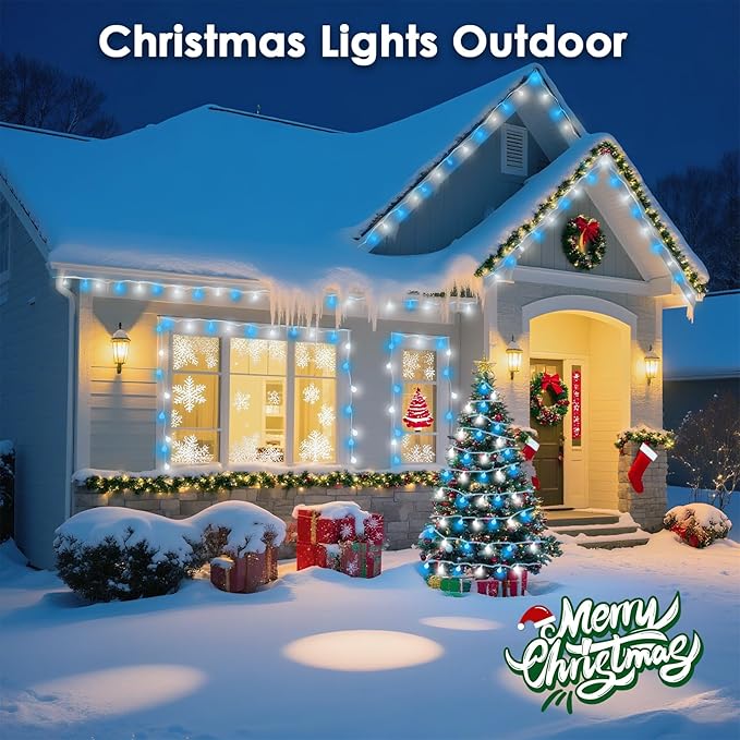 43FT Connectable String Lights Indoor Outdoor | 100LED Blue and White Globe Fairy Lights Plug in 13 Modes with Timer | Christmas Light for Bedroom Classroom Wedding Party Christmas Tree Decorations