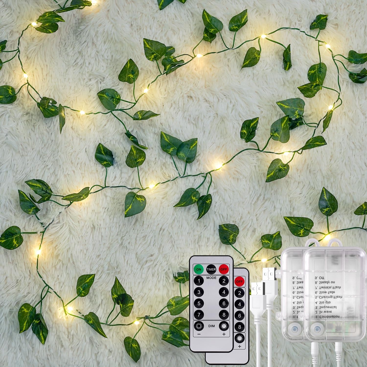 OMIKA Vine with Fairy Lights Battery Operated, 2 Pack 40FT 120LED Pothos String Lights with Remote, Pothos Leaf Lights for Bedroom, Wall, Garden, Party, Wedding Decor(Warm White)