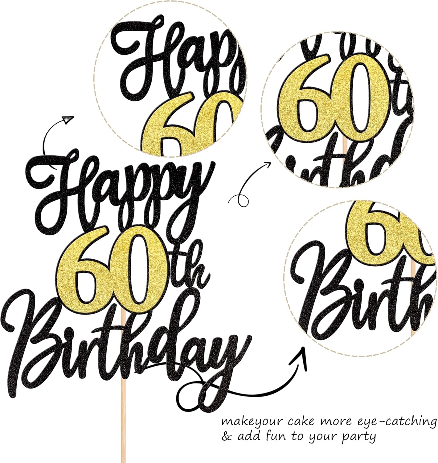 1 PCS Happy 60th Birthday Cake Topper Black Gold Glitter Cheers to 60 Years Birthday Cake Pick 60 Fabulous Cake Decoration for Happy 60th Birthday Anniversary Party Cake Decorations Supplies