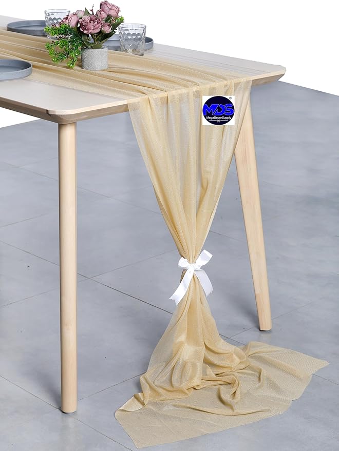 MDS 2 Pack 10ft Chiffon Table Runner 29 x 120 Inches Sheer Wedding Runner Romantic Rustic Table Runner for Wedding Decorations, Birthday Parties, Bridal Shower Party Arch Decor - Champagne Gold