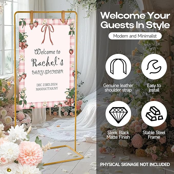 Wedding Sign Stand - Adjustable Wedding Sign W/Design Bundle & Leather Sign Hanging Straps, Durable Metal Easel Stand for Wedding Welcome Signs, Seating Charts, Ceremony & Reception Decor (Gold)