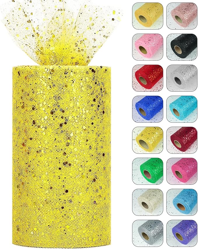 Glitter Tulle Rolls, 6” by 50 Yards (150FT) Sparkling Tulle Spool Ribbon Sequin Tulle Netting Fabric for Tutu Skirt Wedding Birthday Baby Shower (Yellow)
