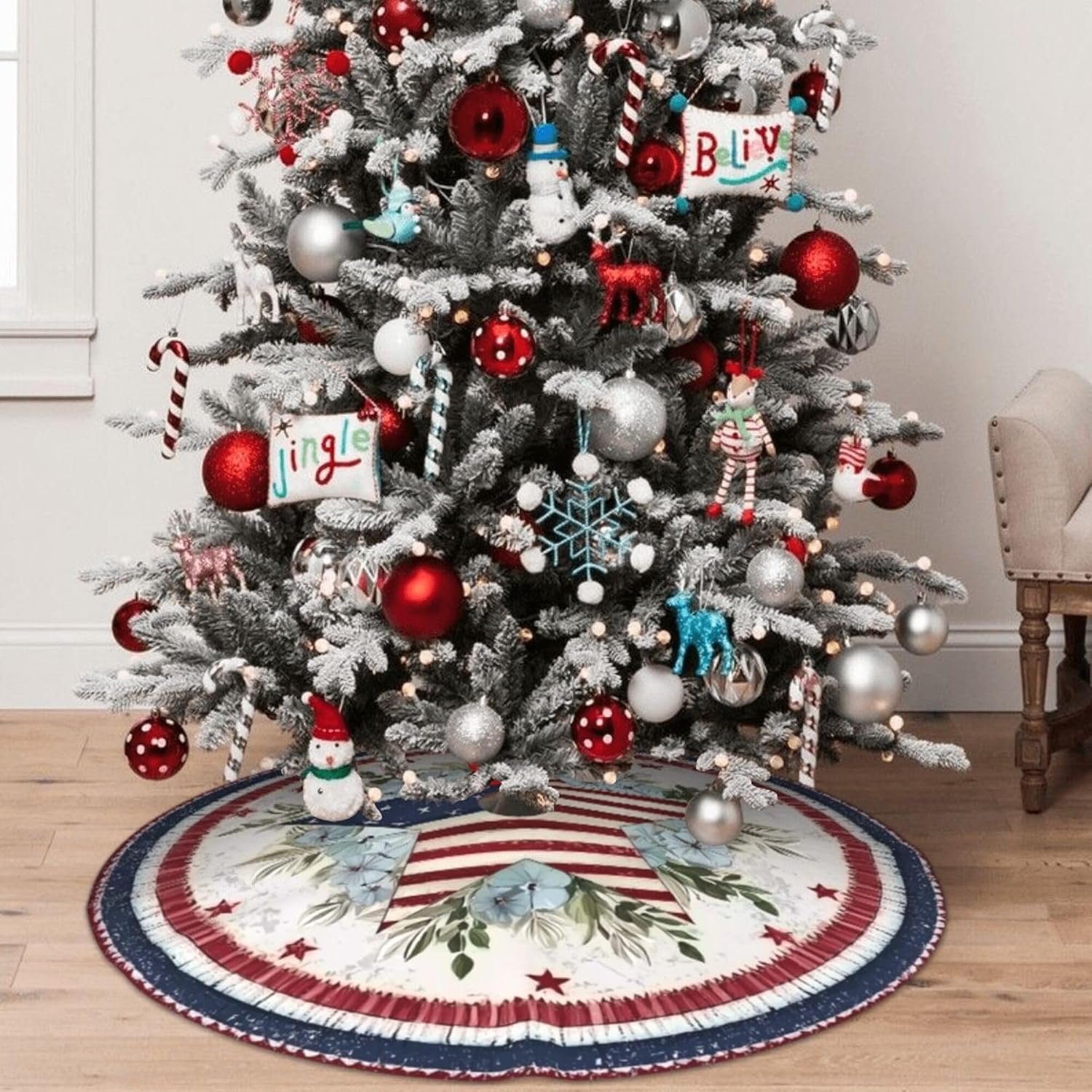 American Flag Stars Christmas Tree Skirt 36 Inch Xmas Tree Mat Party Decor Supplies for Holiday Home Decorations