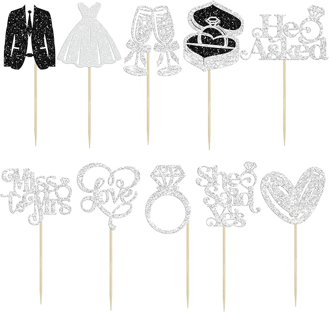 Gyufise 30Pcs She Said Yes Cupcake Toppers Glitter Diamond Ring I Do Love Cupcake Picks Miss to Mrs He Asked Bridal Shower Wedding Engagement Bachelorette Cake Decoration Silver