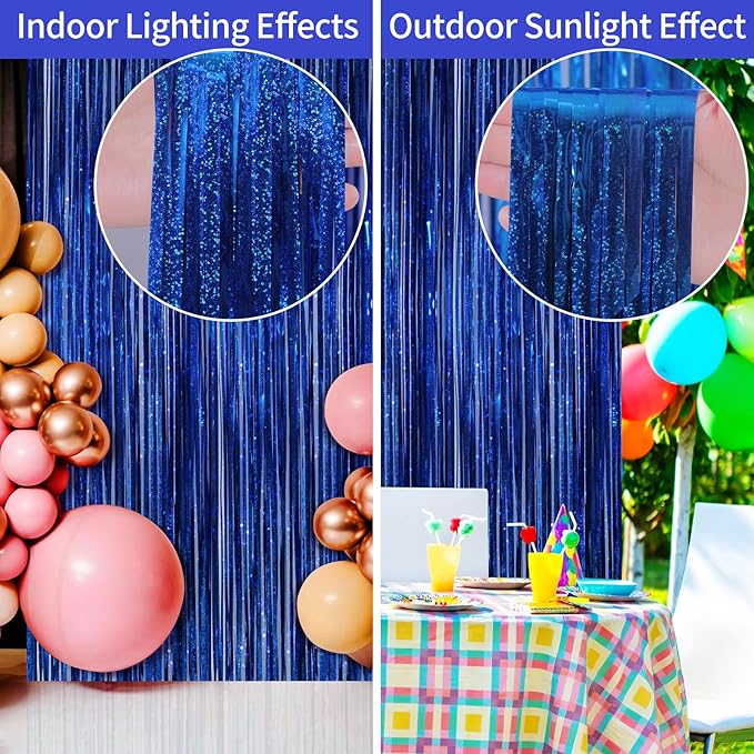 Picoway 4 Pack Foil Fringe Tinsel Backdrop Curtains, Birthday Engagement Bachelorette Party Decorations, Photo Booth Props Door Streamers Curtain (Blue)