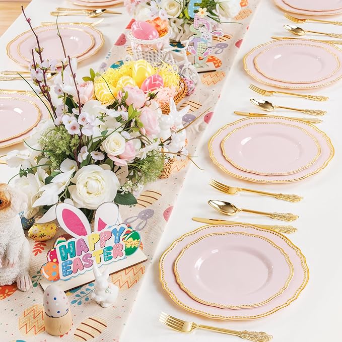 Hioasis 60pcs Pink Plastic Plates - Pink and Gold Disposable Dinnerware with Gold Rim, Heavy-duty, 10.25 inch, Dinner Plates for Party & Wedding