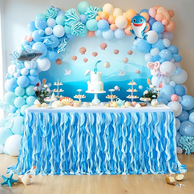 Partisky Ocean Blue Tulle Tutu Ruffle Curly Willow Table Skirt for Rectangle Table 14ft,Under The Sea Baby Shark Themed Table Cloth for Boys Girls Birthday Party or Baby Shower