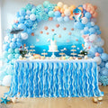 PARTISKY Ocean Blue Tulle Tutu Ruffle Curly Willow Table Skirt for Rectangle Table 6ft,Under The Sea Baby Shark Themed Table Cloth for Boys Girls Birthday Party or Baby Shower