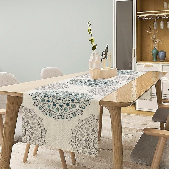 Boho Flower Table Runner, Bohemian Turquoise Mandala White Teal Floral Kitchen Dining Table Runners for Indoor Outdoor Home Party Holiday Decor, 13x60inch