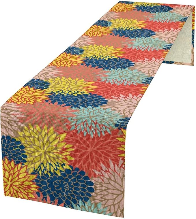 Dahlia Flowers Table Runner Colorful Floral Teal Grey Pink Yellow Blue Abstract Table Runner Kitchen Dining Party Decor Living Room, 13x60 Inch