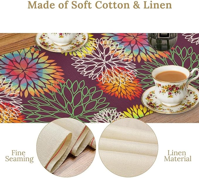 Brown Dahlia Flower Table Runner, Linen Geometric Pattern Floral Table Decor Spring Farmhouse Decorations for Kitchen Dining Holiday Party Decor, 13x60 Inch