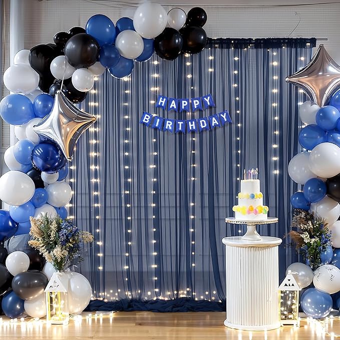 20×10ft Navy Blue Tulle Backdrop Curtain with Lights String for Parties, Sheer Photo Backdrop Curtains for Wedding Party Photography Background