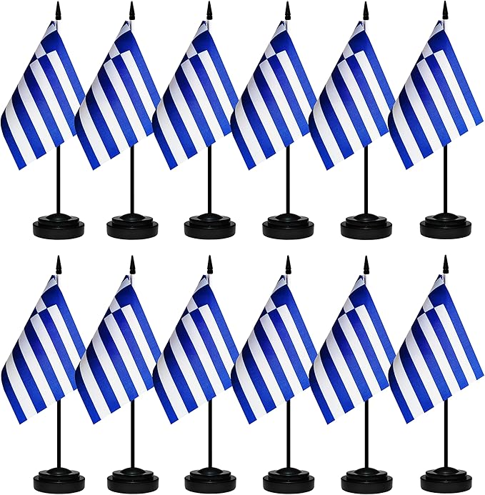 12 Pack Greece Desk Flags Set, Greek Small Mini Table Office Flags with 12" Solid Black Pole, 8.2 x 5.5 Inches, Home and Office Decoration, Festival Celebrations