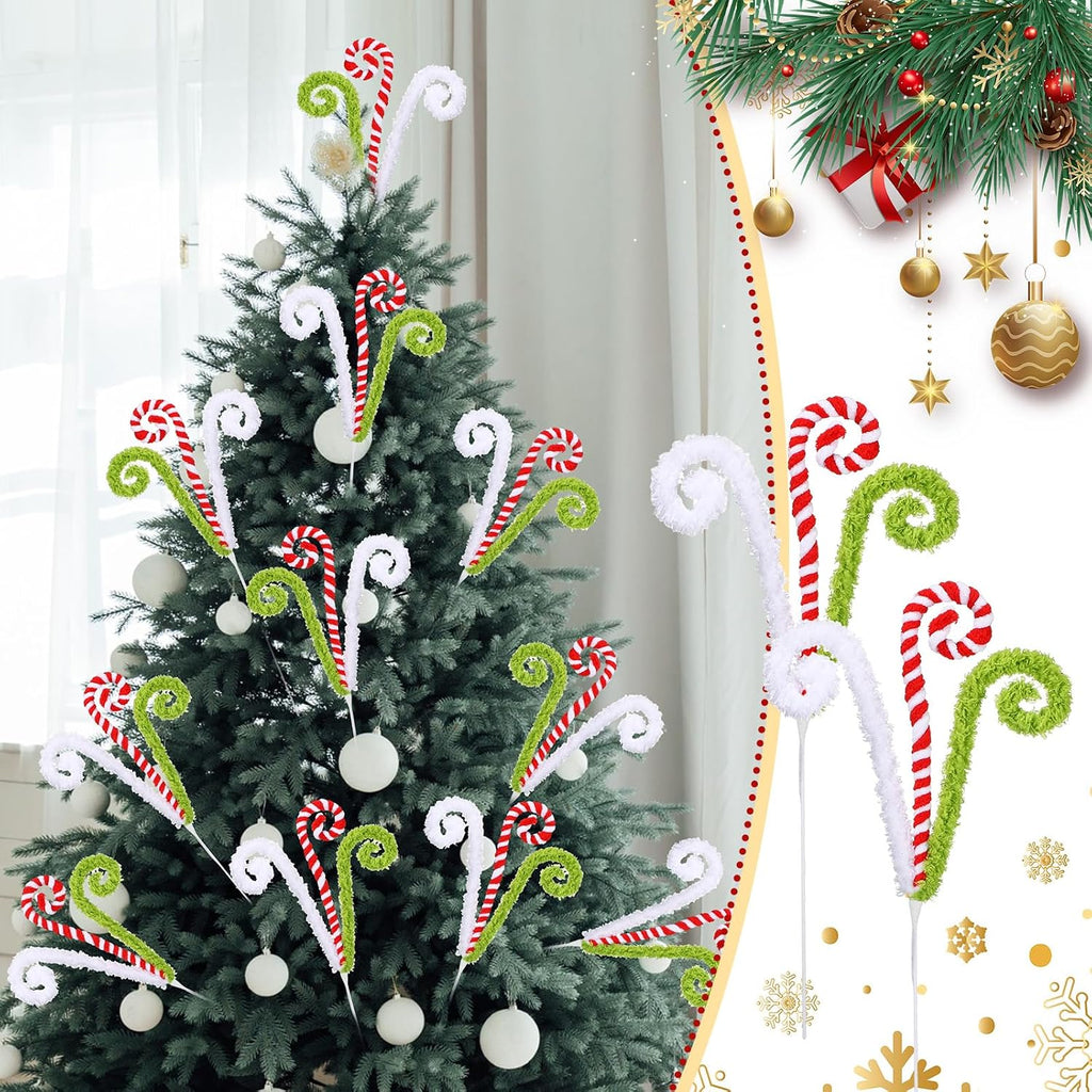 White Red and Green Christmas Tree Decor 16" Candy Cane Tree Pick Lime Green Xmas Topper Ornament Curly Stem Large Lollipop Branch Stick Elf Pick Spray for Home Wreath Vase Filler Craft Holiday Party