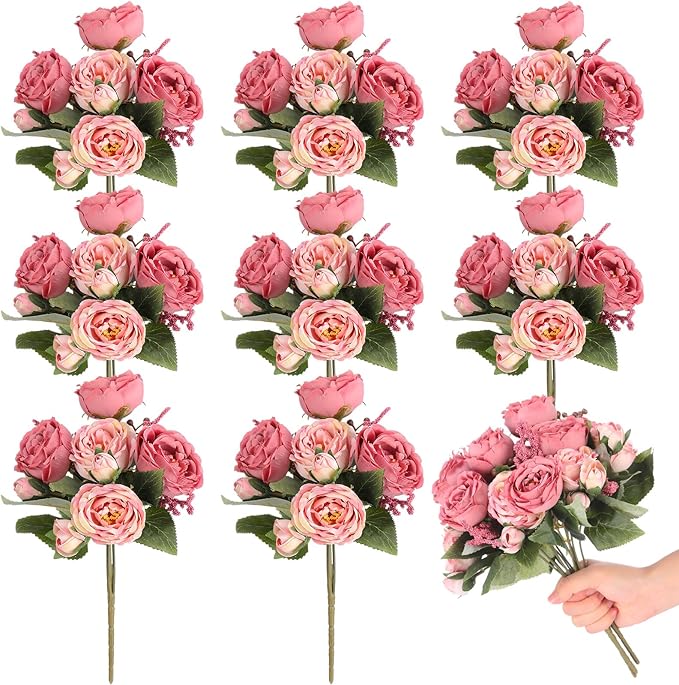 8 Bundles Artificial Peonies Flowers Boho Faux Flowers Arrangements Artificial Centerpiece Spring Bouquet Floral Wedding Decoration for Vase(Dark Pink)