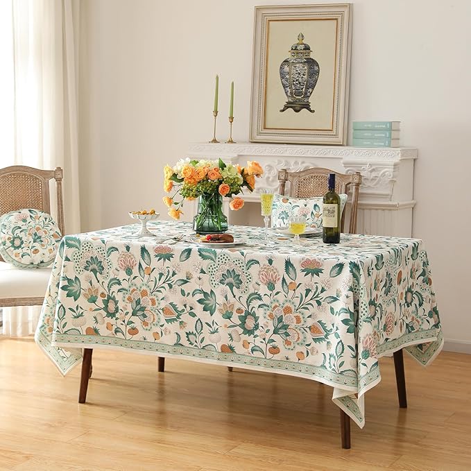 patdrea Designer Green Extra Long Rectangle Table Cloth,Italian Floral Country Linen Breathable Tablecloth,Decor Cover for Kitchen Dining,Christmas,Tea Party,Thanksgiving,63"x110"-Tree Life