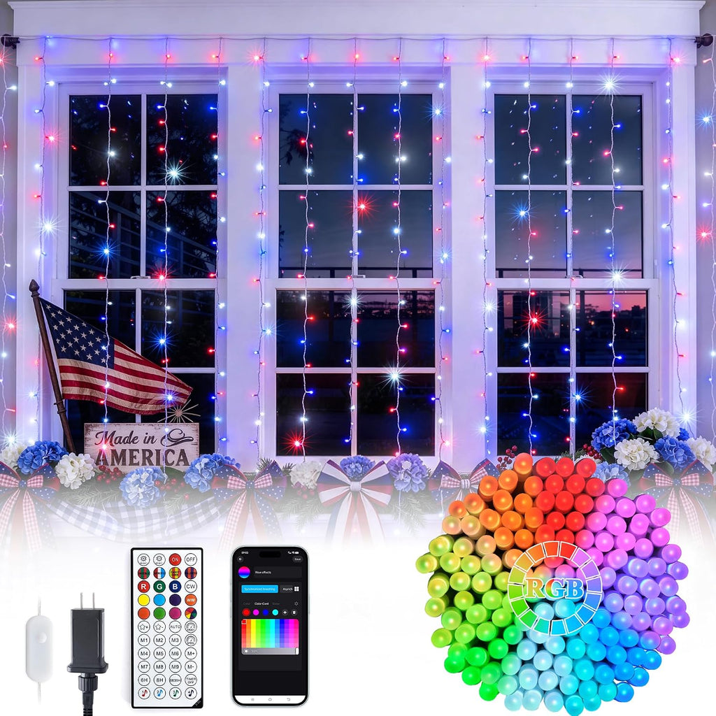 JMEXSUSS RGB Curtain Lights, 300 LED 9.8×9.8FT, Color Changing String Lights with APP & Remote Control, 16 Million Colors, IP44 Waterproof, Holiday Lights for Bedroom Party Wedding 4th of July Decor