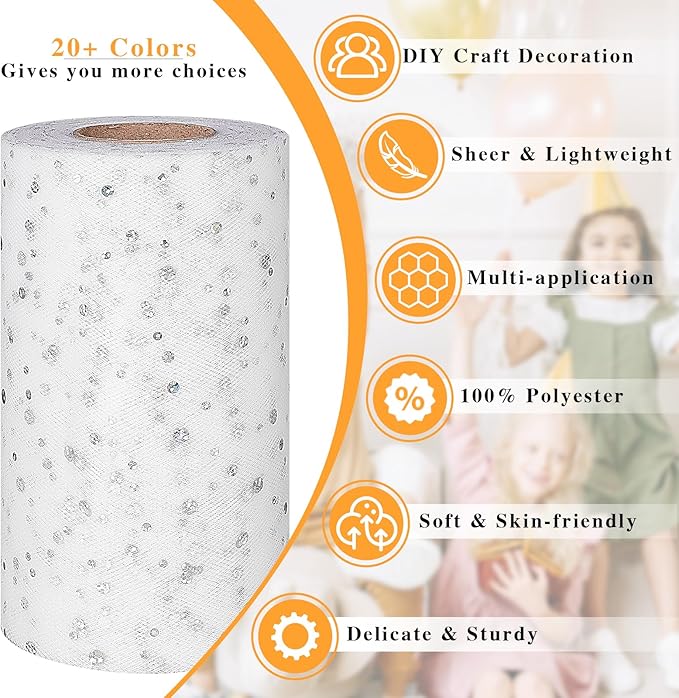 Glitter Tulle Rolls, 6” by 50 Yards (150FT) Sequin Tule Netting Fabric Tulle for Tutu Skirts Sewing Birthday Wedding Party Decoration (White)