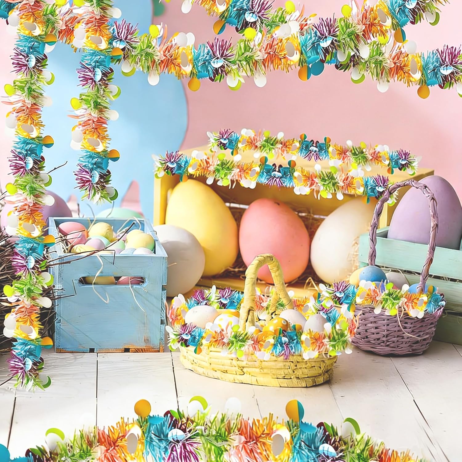 55.77ft Easter Tinsel Garland,Colorful Egg Tinsel Twist Garland with Confetti Spring Hanging Tinsel Ornament Decoration for Fireplace Mantel Tree Eatser Party Decoration.
