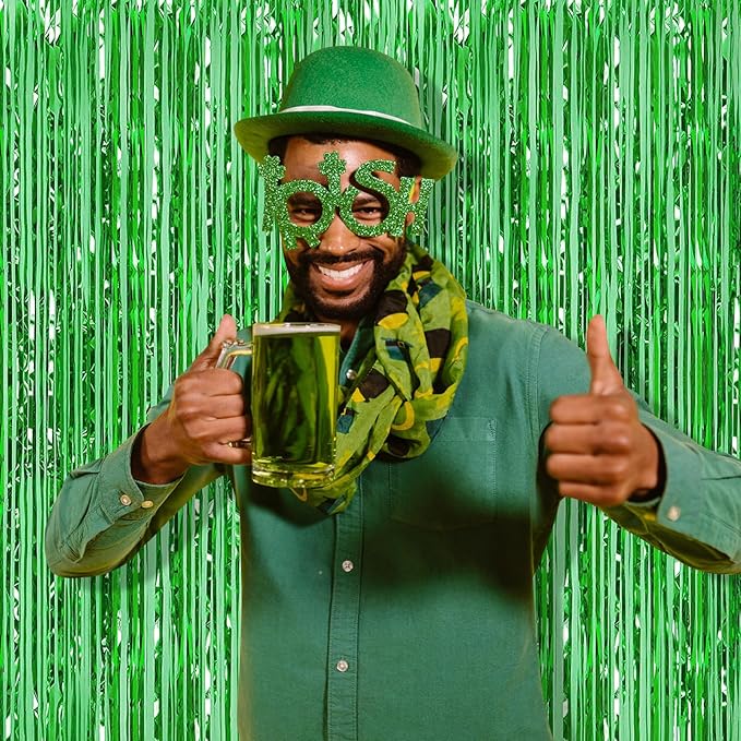 10 Pack Green Backdrop Curtain 3.2ft x 8.2ft Metallic Tinsel Foil Fringe Curtains Photo Booth Background for Birthday Party Decoration Baby Shower Engagement Wedding Christmas Decoration (Green)