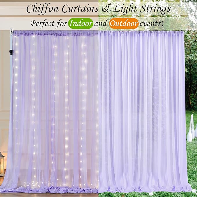 10ft x 10ft Lavender Chiffon Backdrop Curtain with Lights String for Parites Wedding Wrinkle Free Curtain Photo Backdrops Drapes for Baby Shower Birthday Party Home Decorations
