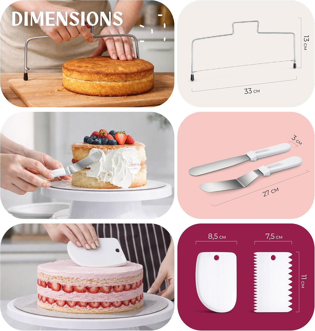 Cake Accessory Set with Premium Piping Nozzles & Piping Bag, Rotating Cake Plate, Cake Cutter and Versatile Baking Accessories (With Cake Ring)