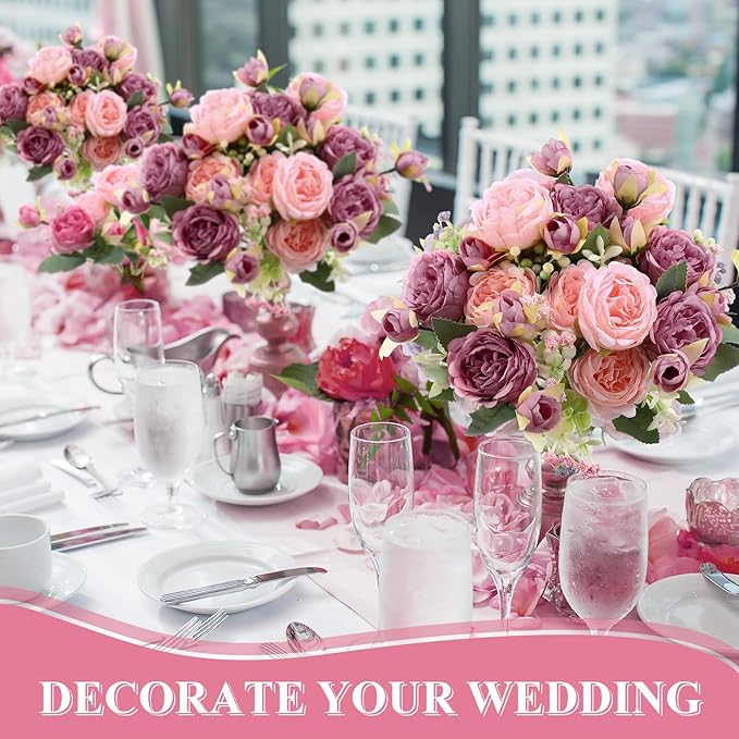 8 Bundles Artificial Peonies Flowers Boho Faux Flowers Arrangements Artificial Centerpiece Spring Bouquet Floral Wedding Decoration for Vase(Pink, Dark Pink)