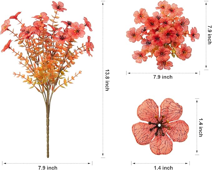 HyeFlora Artificial Fall Flowers Faux Mums for Outdoor Indoor Garden Home Decoration, Faux Flower Daisy with Eucalyptus Leaves Fake Mums Plants Greenery Boxwood Porch Patio, 12 Bundles (F Orange)