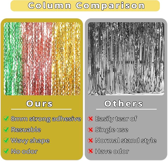 3 Pack Gold Green and Rose Gold Foil Curtain Party Decorations - 3.3x6.6fr Tinsel Streamers for Hawaiian Summer Tropical Beach Luau Themed Party Photo Booth Props Backdrop
