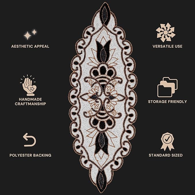 36" Decorative Beaded Table Runner - Handcrafted Floral Design with Durable Polyester Backing for Dining, Coffee Table & Special Occasions (Black White Brown) - CLEENTABLE