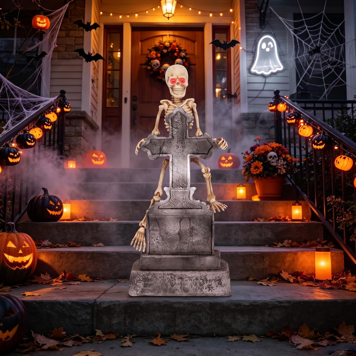 46" Halloween Animatronic Tombstone Decor, Sound‑Activated Swaying Skeleton