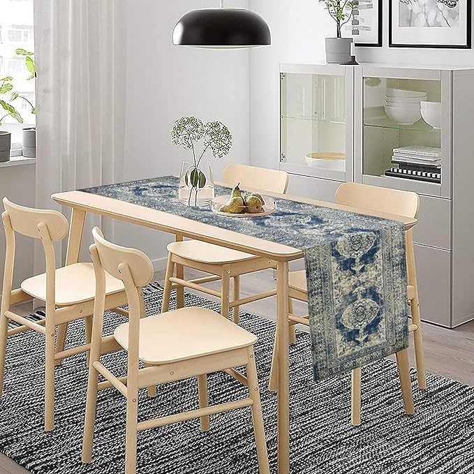 Vintage Boho Floral Table Runner, Rustic Country Farmhouse Blue Teal Retro Flower Pattern for Home Kitchen Table Decor Dining Coffee Room Party Decor 13x120in