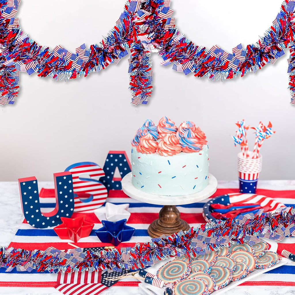 4 Pack 26.4 ft Red White Blue Patriotic Tinsel Garland with American Flags, Metallic Foil Fringe Banner Streamers for 4th of July, Memorial Day, Veterans Day, Independence Day, and Parade Decorations