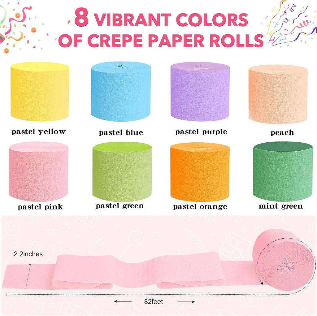 Oubest Crepe Paper Streamers 2.2 Inch x 656 Feet Ideal Party Supplies & Decorations for Birthdays Baby Showers Bachelorettes Weddings DIY, 8 Rolls Pastel Streamers Backdrops, Doorway & Wall Decor