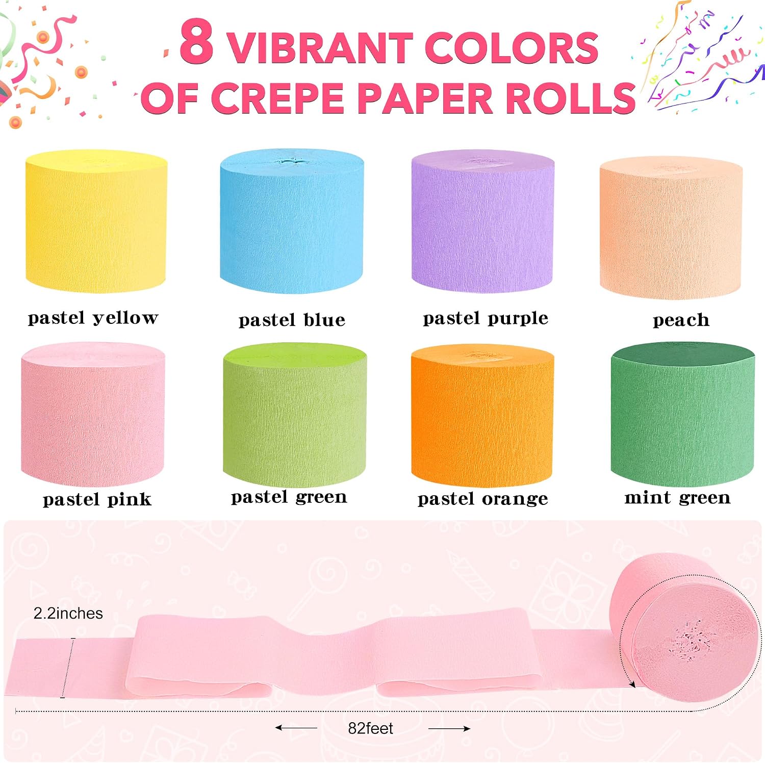 Oubest Crepe Paper Streamers 2.2 Inch x 656 Feet Ideal Party Supplies & Decorations for Birthdays Baby Showers Bachelorettes Weddings DIY, 8 Rolls Pastel Streamers Backdrops, Doorway & Wall Decor