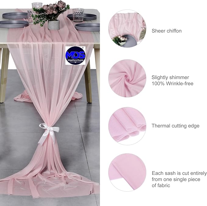 MDS 2 Pack 10ft Chiffon Table Runner 29 x 120 Inches Sheer Wedding Runner Romantic Rustic Table Runner for Wedding Decorations, Birthday Parties, Bridal Shower Party Arch Decor - Blush Pink