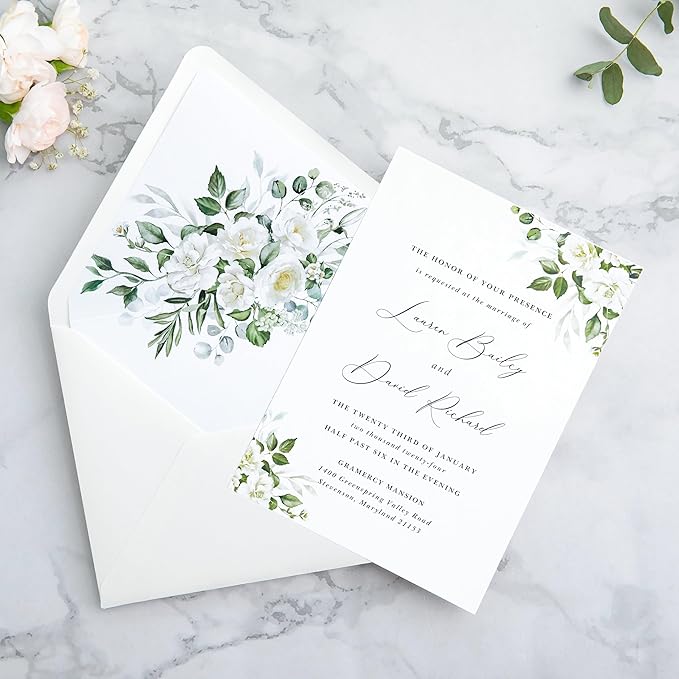 PONATIA 50PCS A7 Euro Flap Ivory Envelope, 5.25 x 7.25'' Flowers Liner Envelopes for Wedding Invitations, Photos, Postcards, Greeting Cards, Christmas Gift Cards, Acrylic Mailing, 5x7 Envelopes