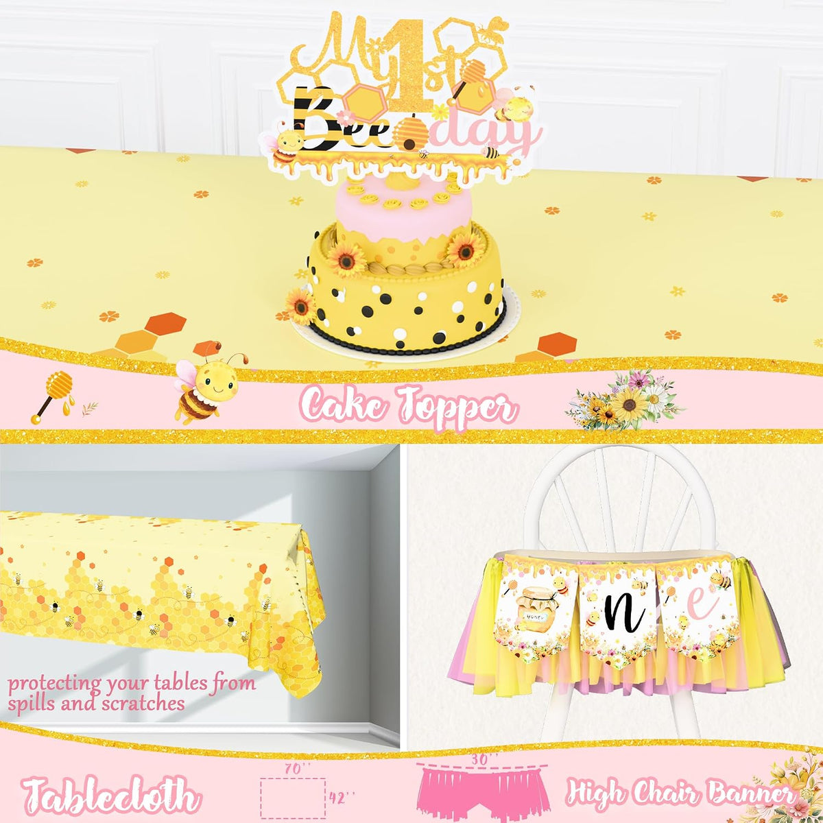 bee 1st birthday party decorations for girl, yellow, side view