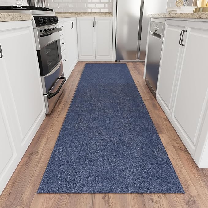 Ottomanson 2' x 14' Ultra-Thin Hallway Runner Rug - Durable Non-Slip Carpet for High-Traffic Areas - Fits Under Doors for Seamless Entry - Ideal for Kitchen, Entryway, Bedroom & Living Room, Navy