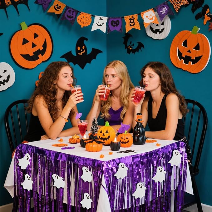 28x106 Inch Purple Sequin Tablecloth for Halloween Decorations, Metallic Tinsel Foil Fringe Table Skirt, Rectangle or Round Tables Decor, Table Cover, Ghost Decorations for Halloween Party