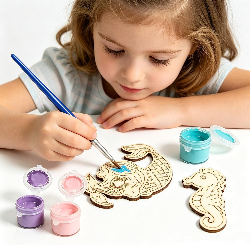 12PCS Mermaid Party Favors- DIY Mermaid Wood Painting Kits with Art Supplies – Fun Thank You Gifts, Birthday party& Goodie Bag Stuffers