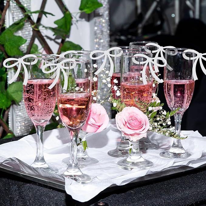 50 Pcs Bows Drink Tags Coquette Bow Wine Glass Charms Acrylic Bowknot Drink Tag for Bachelorette Birthday Wedding Coquette Tasting Party Decor Accessory(White)