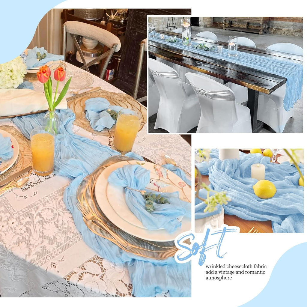 12 Pack Baby Blue Cheesecloth Table Runner 17x108 Inch Semi Sheer Boho Gauze Cheese Cloth Fabric Table Runners, for Wedding Party Baby Shower Birthday Home Decor Garden Farmhouse