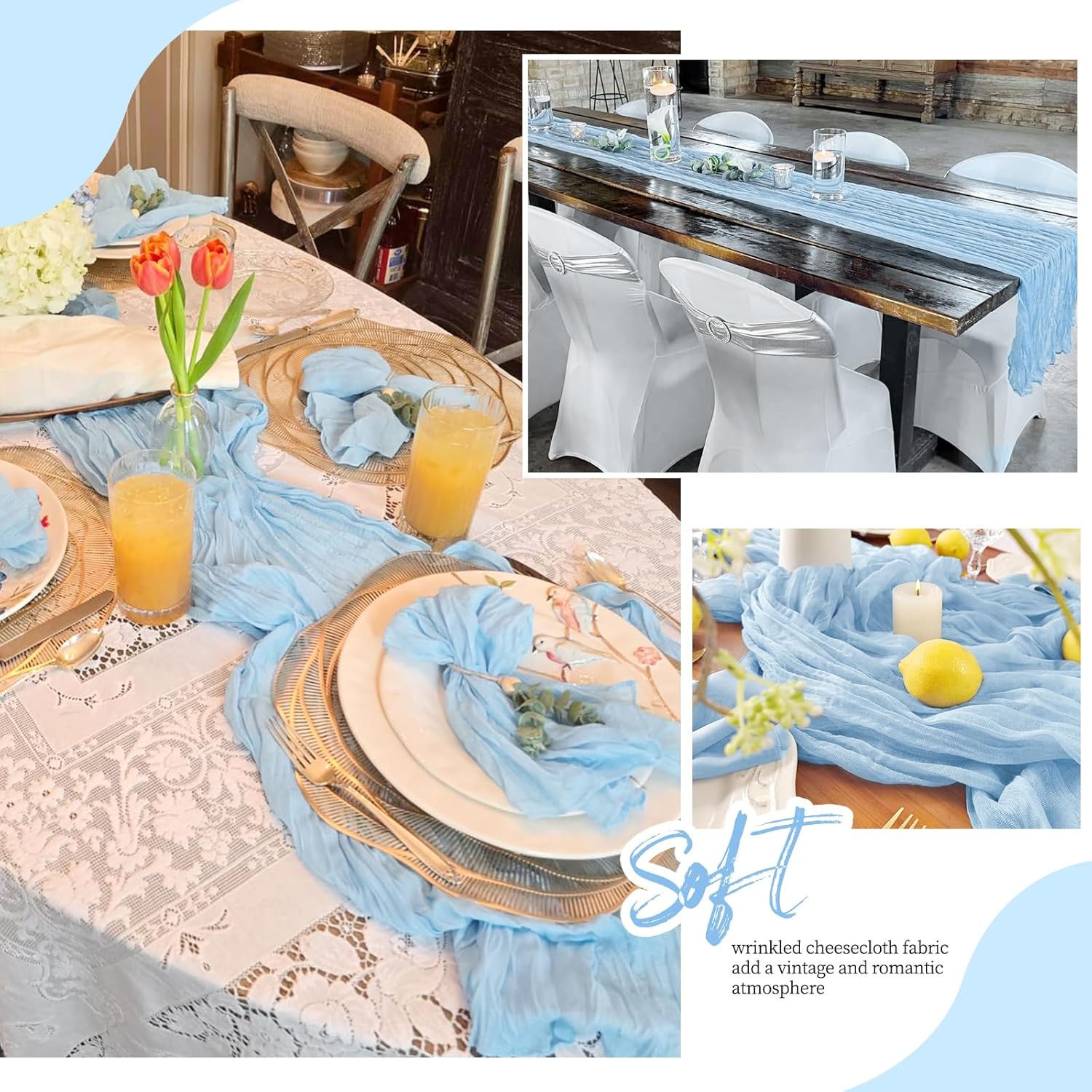 12 Pack Baby Blue Cheesecloth Table Runner 17x108 Inch Semi Sheer Boho Gauze Cheese Cloth Fabric Table Runners, for Wedding Party Baby Shower Birthday Home Decor Garden Farmhouse