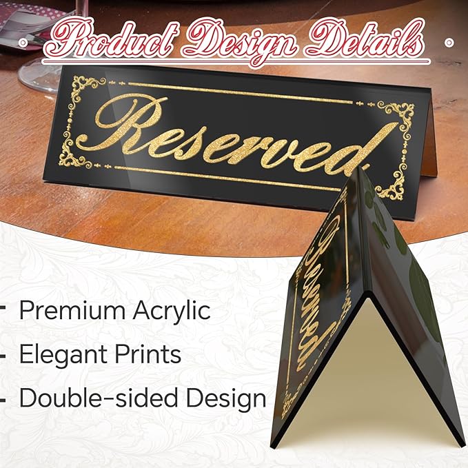 12 Pcs Black Mirrored Reserved Table Signs, 6" x 2" Double Sided Letters, Acrylic Reserved Table Tent Signs with Cleaning Cloth for Wedding Restaurant Ceremony Party Banquet Chairs