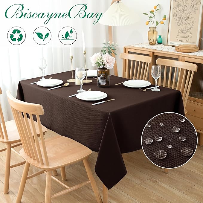 Biscaynebay Textured Fabric Tablecloths 70x120 Inches Rectangular, Brown Water Resistant Tablecloths for Dining, Kitchen, Wedding and Parties etc. Machine Washable