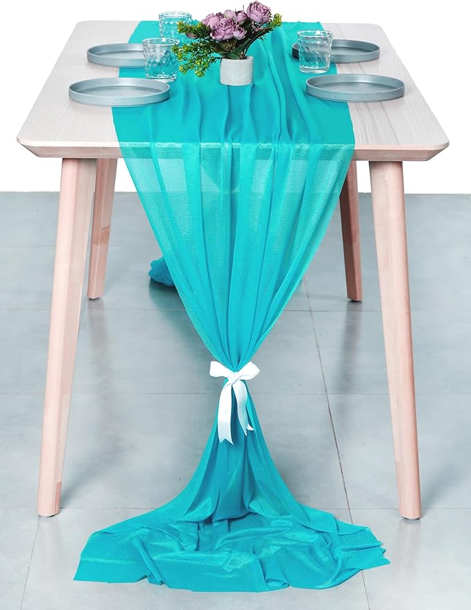 MDS 2 Pack 10ft Chiffon Table Runner 29 x 120 Inches Sheer Wedding Runner Romantic Rustic Table Runner for Wedding Decorations, Birthday Parties, Bridal Shower Party Arch Decor - Peacock Blue