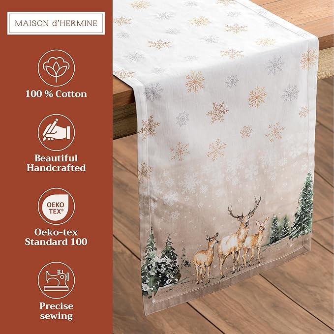 Maison d' Hermine Table Runner 100% Cotton Single Layer Table Runners 72 inches Long for Thanksgiving Christmas Decorations Home Kitchen Dining Party Wedding (Deer in The Woods, 14.5" x 72")