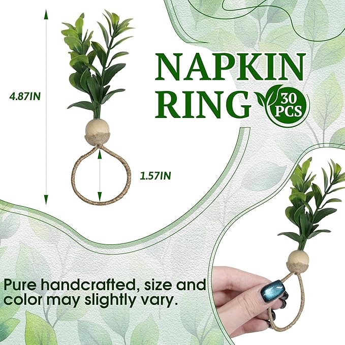 MAOANME Napkin Rings Set of 30, Rustic Eucalyptus Napkin Holder Rings with Wood Bead, Farmhouse Green Leaf Napkin Ring Bulk, Boho Napkin Ring for Wedding, Table Decor